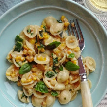 Orecchiette with Corn and Zucchini, Jalapeño, Feta, and Basil