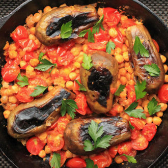 Stovetop Eggplant with Harissa, Chickpeas, and Cumin Yogurt